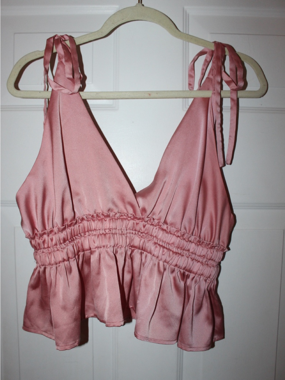 Cotton Candy Satin Rose Pink Tie-Shoulder Peplum Crop Top